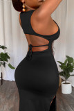 Negro sexy sólido patchwork sin espalda hendidura u cuello lápiz falda vestidos