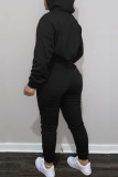 ブラックファッションカジュアルレタープリントベーシックフード付きカラー長袖ツーピース