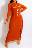 Мандариновое красное повседневное платье-юбка с кисточками и круглым вырезом в стиле пэчворк (без пояса)