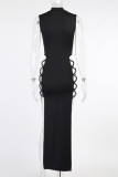 Black Fashion Sexy Solid Hollowed Out Slit Turndown Collar Sleeveless Dress
