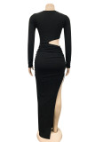 Brownness Fashion Sexy Solid Hollowed Out O Neck Long Sleeve Dresses