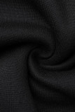 Schwarzer, lässiger, solider Patchwork-Falten-Kapuzenkragen mit langen Ärmeln, zweiteilig