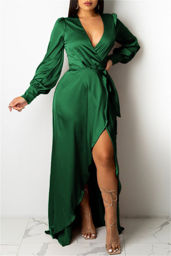 Green Sexy Casual Solid Bandage V Neck Long Sleeve Dresses