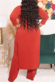 Tangerine Red Fashion Casual Solid Slit O Neck Plus Size Two Pieces