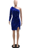 Blue Sexy Solid Sequins Patchwork Feathers Oblique Collar Dresses