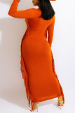 タンジェリンレッドカジュアルプリントタッセルパッチワークOネックワンステップスカートドレス(ベルトなし)