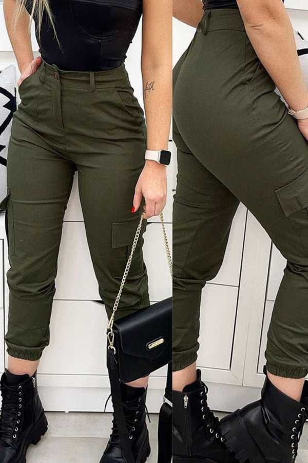 Pantalones casuales de color liso con bolsillo de cintura alta y lápiz de color liso verde