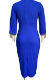 Blauwe elegante effen kwastjes patchwork asymmetrische O-hals jurken