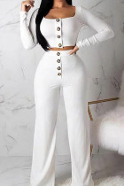 White Fashion Casual Solid Patchwork O Neck Long Sleeve Two Pieces