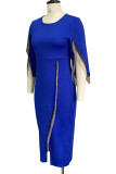Robes asymétriques bleues élégantes à pampilles solides, Patchwork à col rond