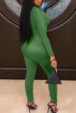 Macacão verde sexy patchwork com zíper manga longa O decote