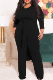 Black Fashion Casual Solid Slit O Neck Plus Size Two Pieces