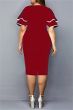 Vestido vermelho moda casual plus size com estampa básica decote em v manga curta