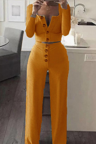 Yellow Fashion Casual Solid Patchwork O Neck Long Sleeve Two Pieces