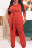 Mandarijnrood Mode Casual Solid Slit O Neck Plus Size Two Pieces