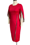 Red Elegant Solid Tassel Patchwork Asymmetrical O Neck Dresses