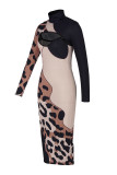 Estampado de leopardo Moda Estampado de patchwork sexy Ahuecado Cuello alto Vestidos de manga larga