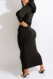 Vestidos de falda de un paso con cuello redondo y retazos de borlas con estampado informal negro (sin cinturón)