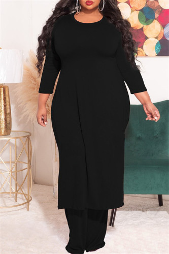 Black Fashion Casual Solid Slit O Neck Plus Size Two Pieces