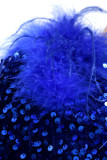 Blaue sexy feste Pailletten-Patchwork-Federn-Kleider mit schrägem Kragen