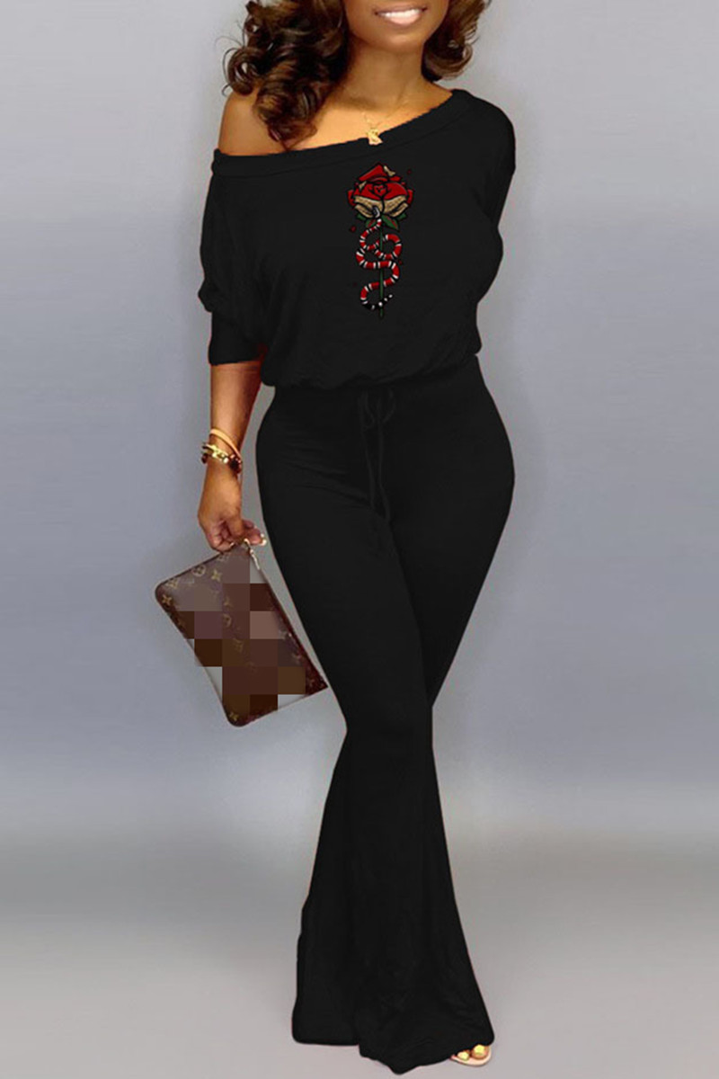 

Black Fashion Casual Print Basic O Neck Regular Jumpsuits