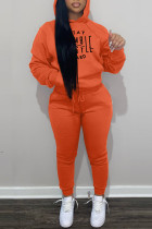 Orange Fashion Casual Letter Print Basic Hooded Collar Long Sleeve Two Pieces