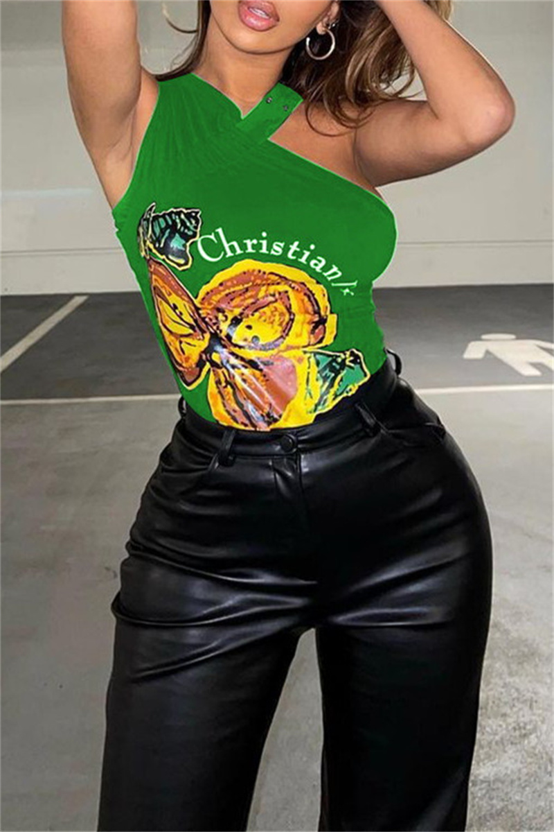 

Green Sexy Casual Print Asymmetrical V Neck Tops