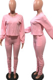 Pink Casual Solid Patchwork Slit Zipper Collar Long Sleeve Two Pieces