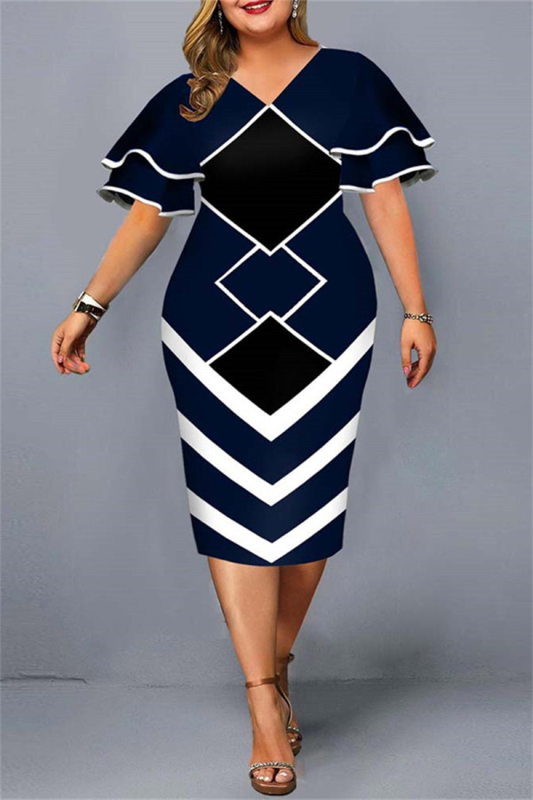 Diepblauwe mode casual plus size print basic v-hals jurk met korte mouwen
