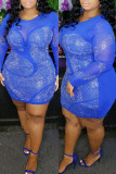 Blue Fashion Sexy Patchwork Hot Drilling See-through O Neck Long Sleeve Plus Size Dresses