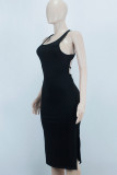 Черные сексуальные однотонные лоскутные платья с открытой спиной и разрезом U-образным вырезом, юбка-карандаш