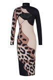 Leopard Print Fashion Sexy Patchwork Print Hollowed Out Turtleneck Long Sleeve Dresses