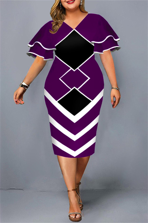 Фиолетовое модное повседневное платье больших размеров с принтом, базовое платье с v-образным вырезом и короткими рукавами