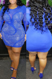 Синее модное сексуальное лоскутное горячее сверление прозрачное с круглым вырезом и длинным рукавом платья больших размеров