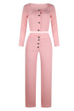 ピンクファッションカジュアルソリッドパッチワークOネック長袖ツーピース