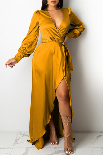 Yellow Sexy Casual Solid Bandage V Neck Long Sleeve Dresses