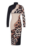 Leopard Print Fashion Sexy Patchwork Print Hollowed Out Turtleneck Long Sleeve Dresses