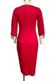 Rode elegante effen kwastjes patchwork asymmetrische O-hals jurken