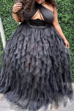 Черное сексуальное прозрачное длинное платье в стиле пэчворк больших размеров с открытой спиной