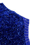 Blauwe sexy effen pailletten patchwork veren schuine kraag jurken