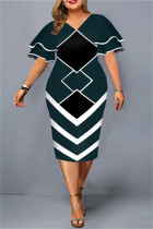 Bläckgrönt Mode Casual Plus Size Print Basic V-ringad kortärmad klänning