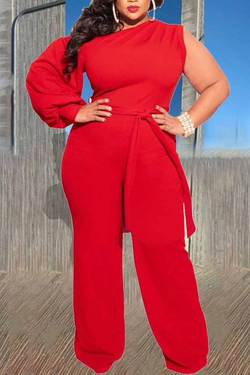 

Red Sexy Solid Bandage Split Joint Asymmetrical Collar Plus Size Jumpsuits