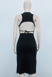 Черные сексуальные однотонные лоскутные платья с открытой спиной и разрезом U-образным вырезом, юбка-карандаш