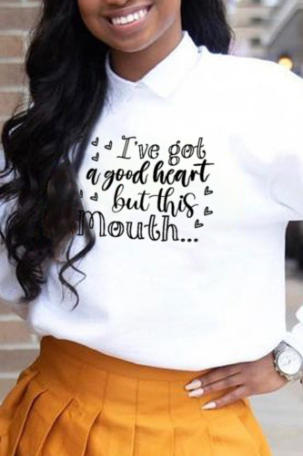 White Fashion Vintage Print Letter O Neck Tops