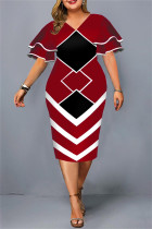 Röd Mode Casual Plus Size Print Basic V-ringad kortärmad klänning