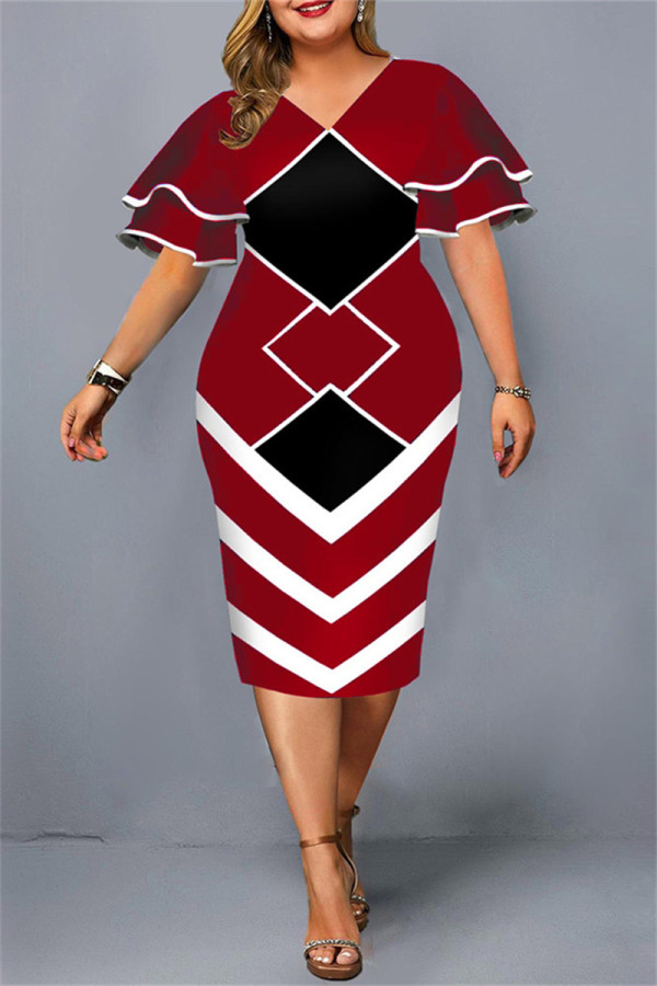 Красное модное повседневное платье больших размеров с принтом, базовое платье с V-образным вырезом и короткими рукавами