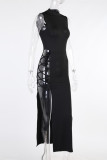 ブラックファッションセクシーなソリッドくり抜かれたスリットターンダウンカラーノースリーブドレス