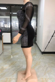 Schwarze Mode Sexy Patchwork Hot Drilling Durchsichtige O-Ausschnitt Langarm Kleider in Übergröße
