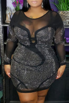 Черное модное сексуальное лоскутное горячее сверление прозрачное с круглым вырезом и длинным рукавом платья больших размеров