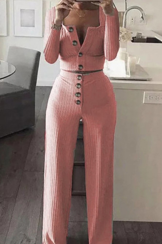 Pink Fashion Casual Solid Patchwork O Neck Long Sleeve Two Pieces